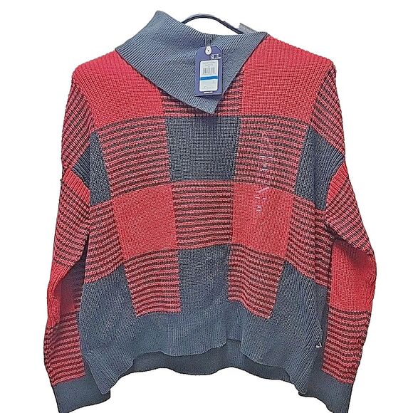 Nautica Jeans Women's Lakeside Cabin Sweater XL Buffalo Check Red & Black - NEW - Picture 3 of 10